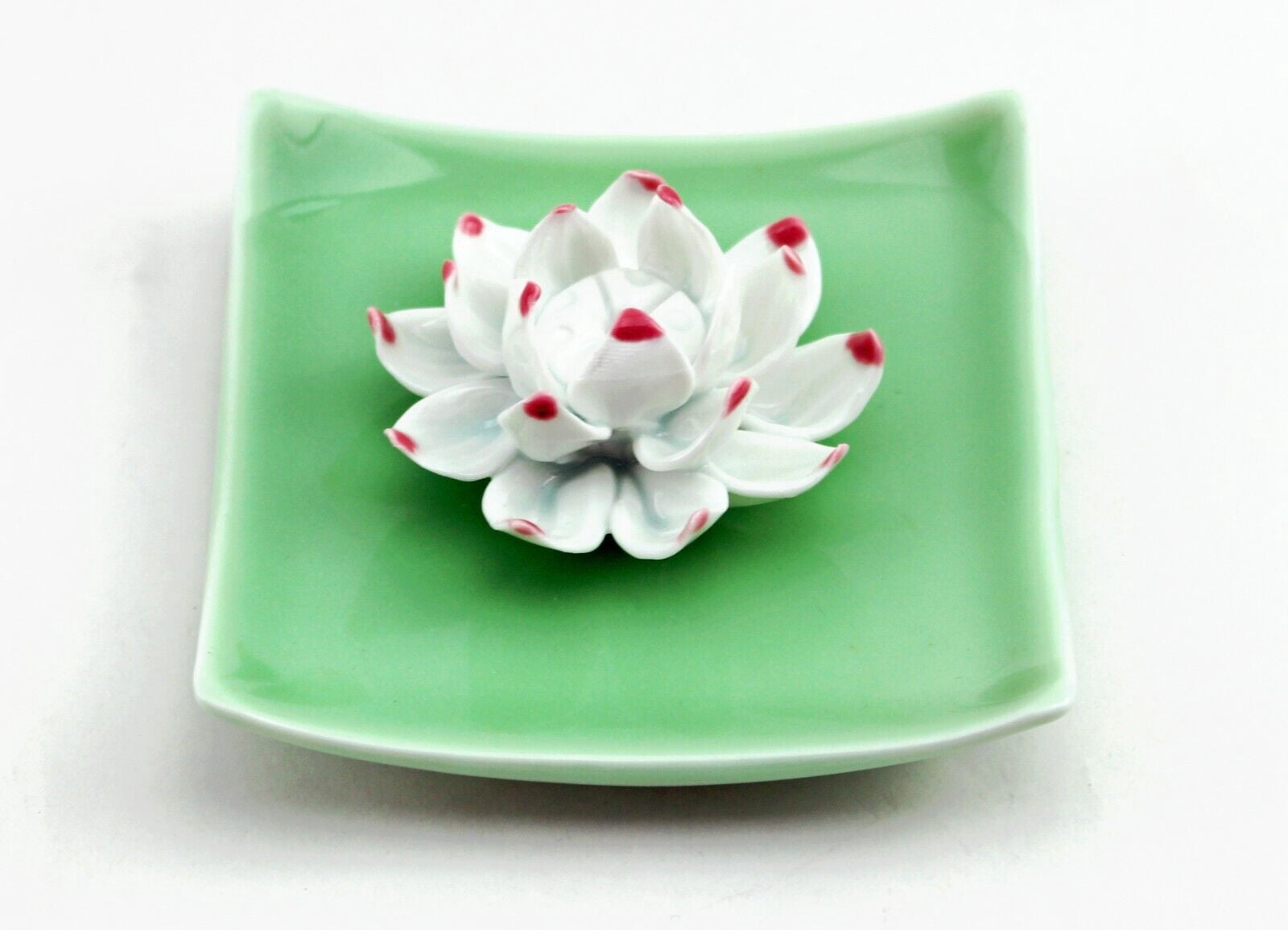 Lotus In Square Plate Incense Burner Holder Ceramic Plate Incense Light Green KT00212