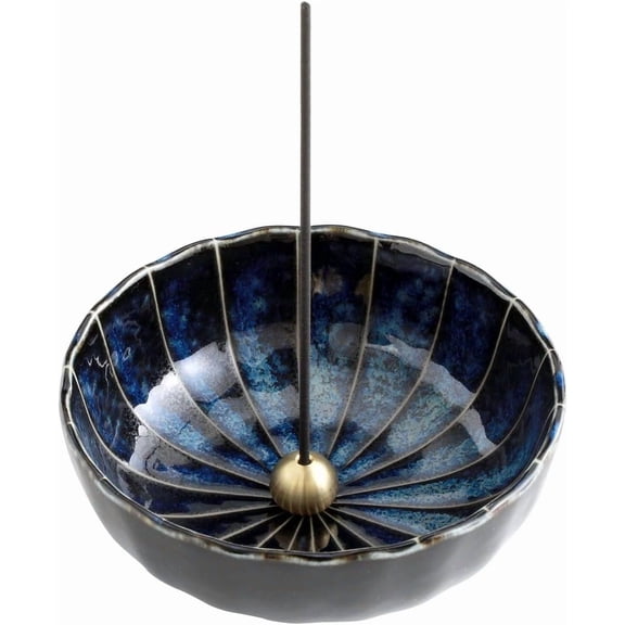 Lotus Incense Holder for Sticks 4.1 inch (105 mm), Traditional Made in Japan Ceramic Ash Catcher and Brass Incense Burner Set - Navy Dark Blue Lotus