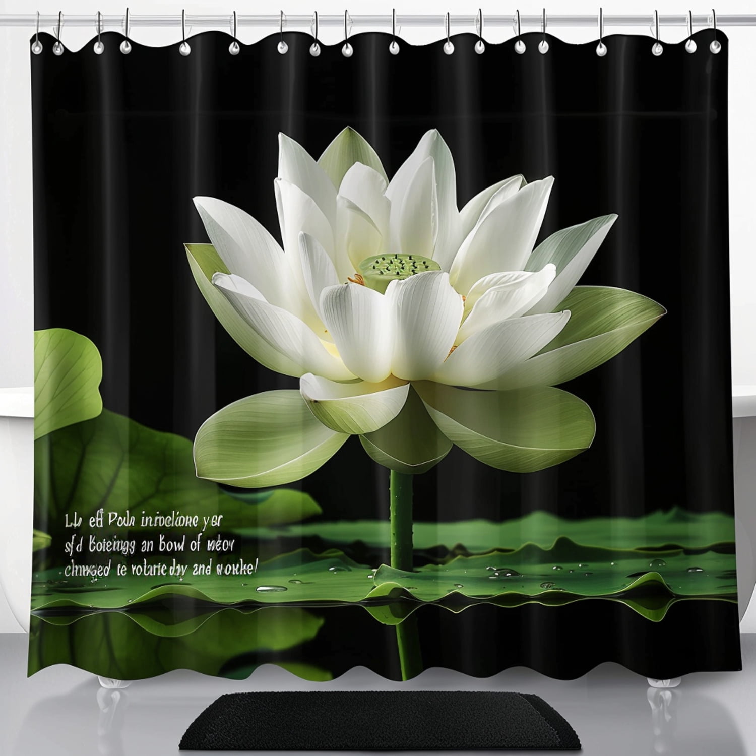 Lotus Inspired Bathroom Set: Black Shower Curtain with Vibrant White ...