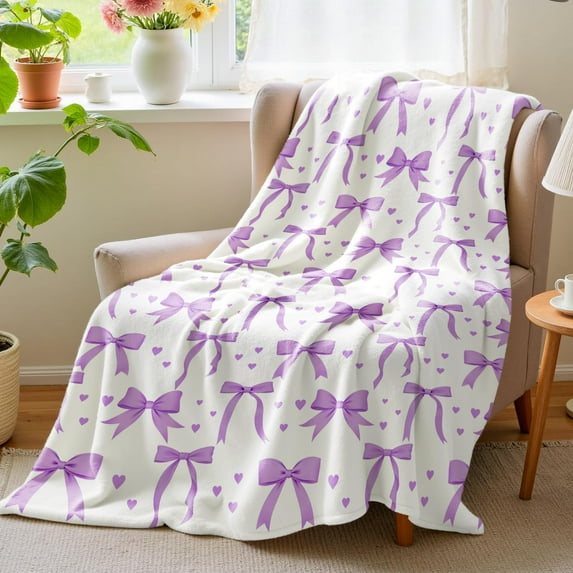 Lotus Karen Bow Blanket Soft Lightweight Fleece Throw Blanket with Purple Bow Christmas Birthday Valentine's Day Gifts for Girls Women Coquette Preppy Decor for Bedroom Dorm Bed Sofa