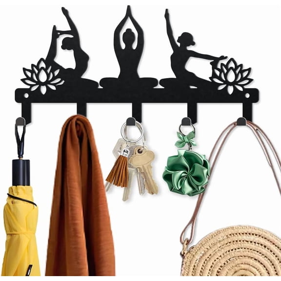 Lotus Key Holder Wall Mount 9.84.7inch Art Meditation Metal Key Hook Hanger with 5 Hooks Black Indian Flower Wall Decorative Key Rack for Entryway Hallway Kitchen Office