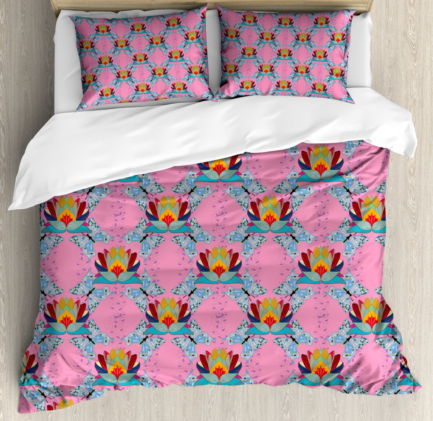 Lotus King Size Duvet Cover Set, The Flower of Prosperity in the Orient Sketch Illustration of Butterflies and Lotus, Decorative 3 Piece Bedding Set with 2 Pillow Shams, Multicolor, by Ambesonne