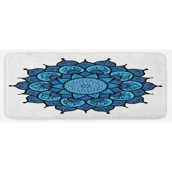 Lotus Kitchen Mat, Style Traditional Magic Vintage Leaves Symbolic Hippie Graphic, Plush Decorative Kitchen Mat with Non Slip Backing, 47" X 19", Sky and Violet Blue, by Ambesonne