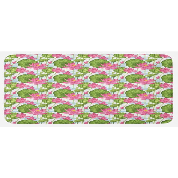 Lotus Kitchen Mat, Watercolor Style Nature Scene from Japan Blooming Flowers Pastoral Art, Plush Decorative Kitchen Mat with Non Slip Backing, 47" X 19", Fern Green Pale Blue, by Ambesonne