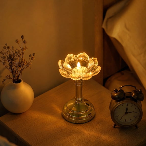 Lotus LED Candle, Flameless Flower Light, a Faceted Bloom Mounted on a Metallic-look Stem Across Dining Tables Mantels Shelves, Decorative Tabletop Lamp for Weddings Dinners