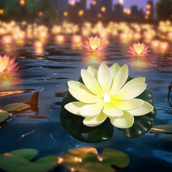 Lotus Lamp Decorations, Led Waterproof Flameless Lotus Tea Lights with Water Lily Pad, Home Garden Pond -Beige
