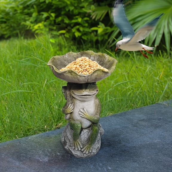 Lotus Leaf Bird Feeder Statue with Tray - Resin Wild Bird Ground/Hanging Feeder, No Power Needed. Attracts Small Birds, Durable Outdoor Decor for Garden/Balcony, Handcrafted Natural Design