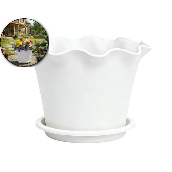 Lotus Leaf Edge Plastic Planter Pot with Drainage and Saucer, Breathable Elevated Plastic Flower Pot, Ruffled Plastic Flower Pot with Wave Edge for Balcony Railing Gardening