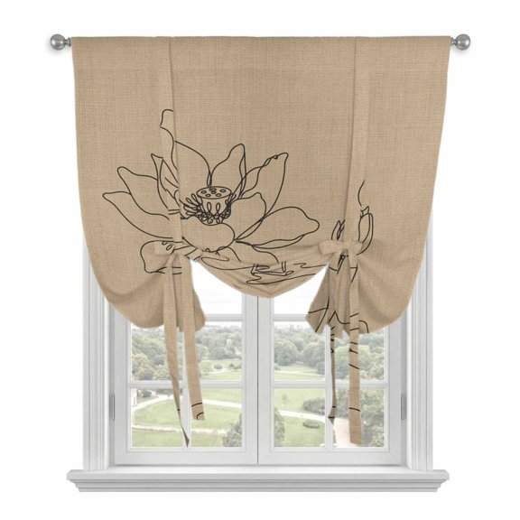 Lotus Leaf Tie Up Curtains for Window, Thermal Insulated Balloon Shade Adjustable Rod Pocket Curtains Valance Panels for Kitchen Bathroom Cafe 34 x 45 Vintage Minimalist Floral Line Rustic Brown