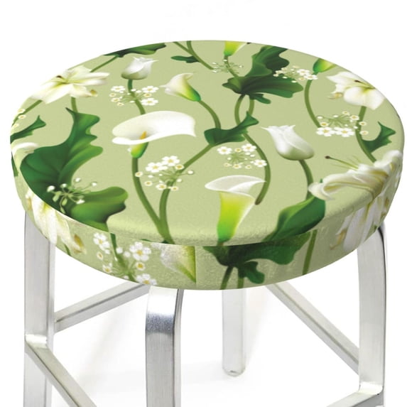 Lotus Leaves Calla Lily Flowers Round Bar Stool Seat Covers, Elastic Round Chair Cover Stool Seat Slipcover Bar Stool Cushions Round Pad for 12-14 inch