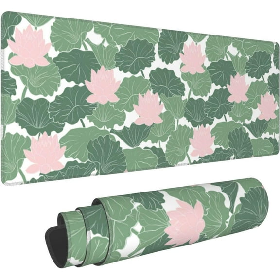Lotus and Leaves Large Mouse Pad for Desk XL Gaming Mouse Pad 31.5x11.8in Extended Desk Mat Non-Slip Base Desk Pad with Stitched Edge Computer Keyboard Mouse Mat Gaming Mousepad for Home Office