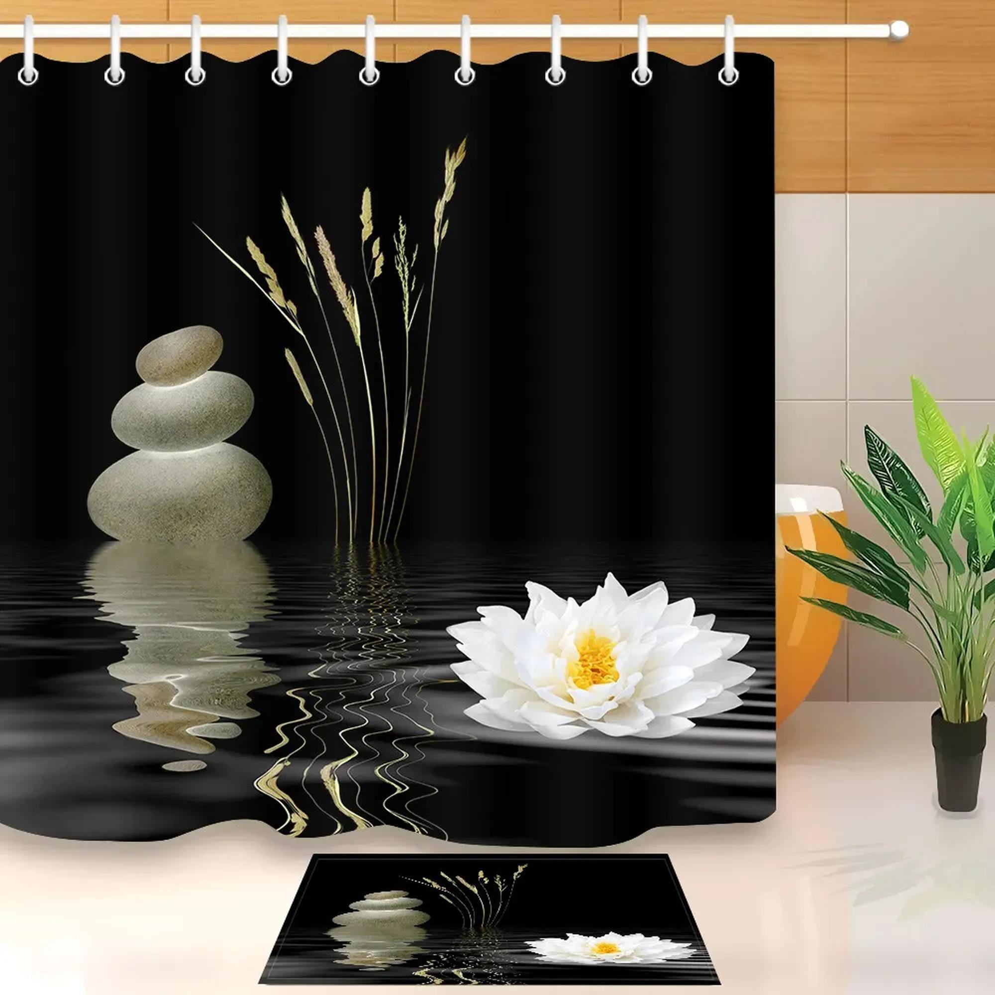 Lotus Lily Shower Curtain Set: Zen Spa Stones on Black Waterproof ...