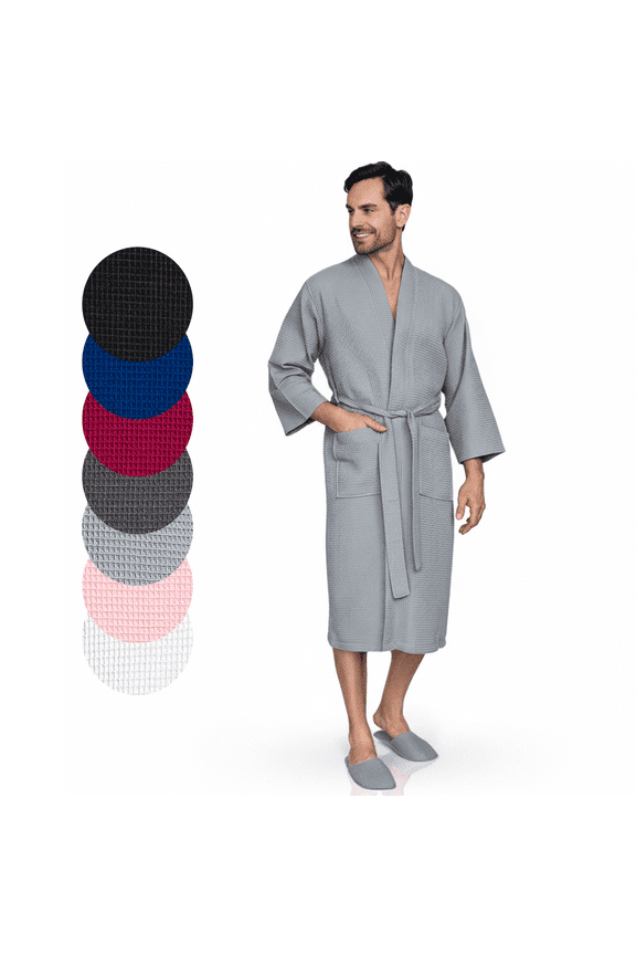 Lightweight Waffle Robe for Men - Lightweight Cotton Blend Spa Bathrobe, Gray Large