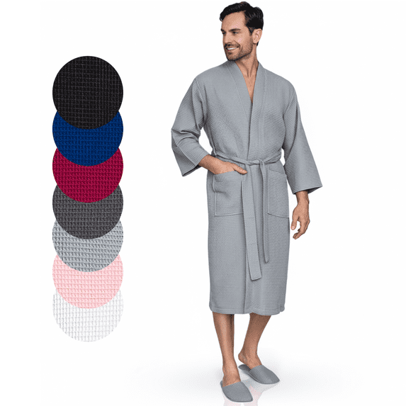 Lotus Linen Lightweight Waffle Robe for Men - Lightweight Cotton Blend Spa Bathrobe, Gray X-Large