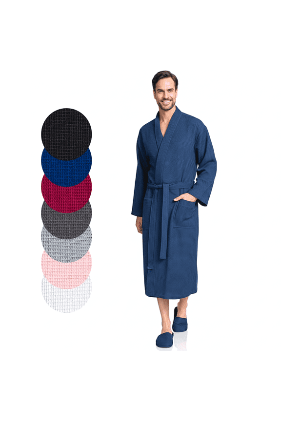 Lightweight Waffle Robe for Men - Lightweight Cotton Blend Spa Bathrobe, Navy X-Large