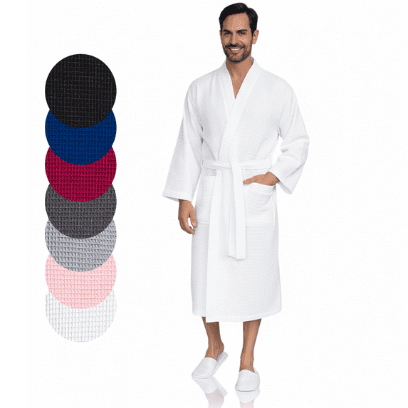 Lotus Linen Lightweight Waffle Robe for Men - Lightweight Cotton Blend Spa Bathrobe, White Small