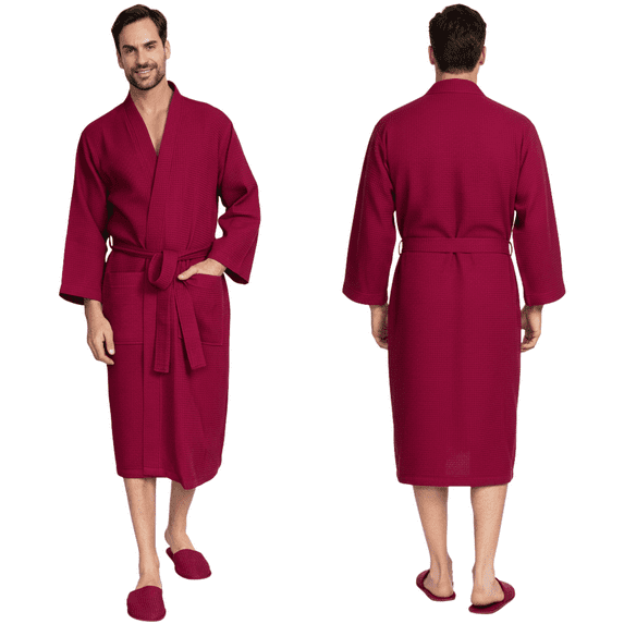 Lotus Linen Lightweight Waffle Robe for Men - Lightweight Cotton Blend Spa Bathrobe, Wine Red Medium