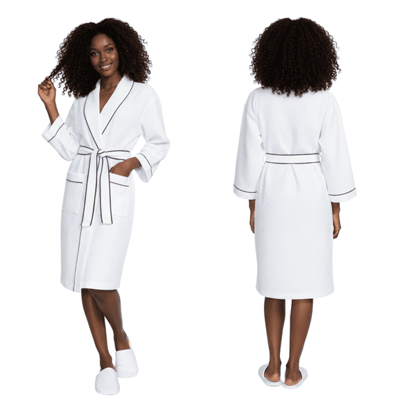 Lotus Linen Knee-Length Waffle Robe Women - Lightweight Short Spa Bathrobe, White Piping X-Large