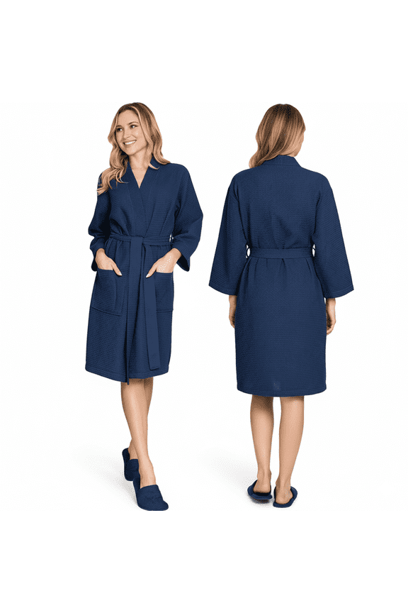 Knee-Length Waffle Robe Women - Lightweight Short Spa Bathrobe, Navy Large