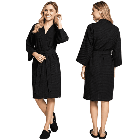 Lotus Linen Knee-Length Waffle Robe Women - Lightweight Short Spa Bathrobe, Black Small