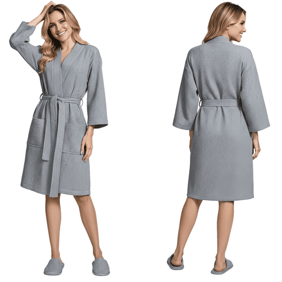 Lotus Linen Knee-Length Waffle Robe Women - Lightweight Short Spa Bathrobe, Gray Medium