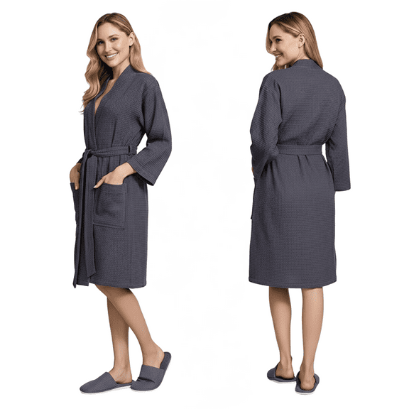 Lotus Linen Knee-Length Waffle Robe Women - Lightweight Short Spa Bathrobe, Dark Gray XXL