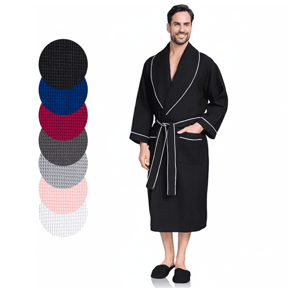 Lotus Linen Men’s Waffle Robe with Piping - Lightweight Cotton Spa Bathrobe, Black XXL