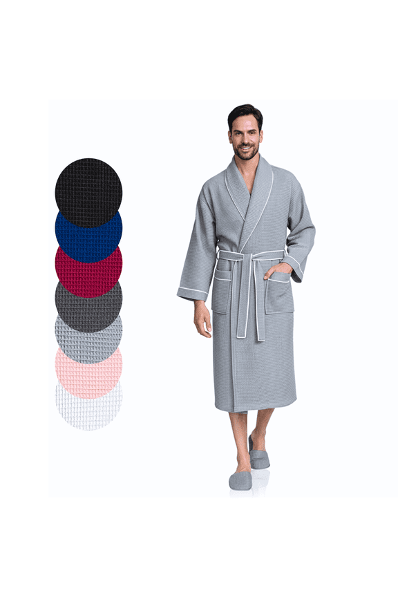 Men’s Waffle Robe with Piping - Lightweight Cotton Spa Bathrobe, Gray Large