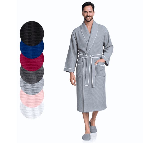 Lotus Linen Men’s Waffle Robe with Piping - Lightweight Cotton Spa Bathrobe, Gray Medium