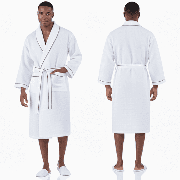 Lotus Linen Men’s Waffle Robe with Piping - Lightweight Cotton Spa Bathrobe, White Small