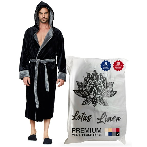 Lotus Linen Plush Hooded Robe for Men - Soft Fleece Bathrobe, Black Grey M/L