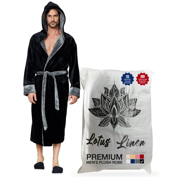 Lotus Linen Plush Hooded Robe for Men - Soft Fleece Bathrobe, Black Grey M/L