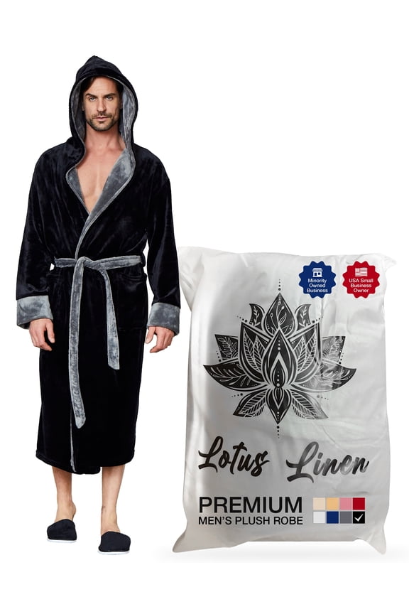 Plush Hooded Robe for Men - Soft Fleece Bathrobe, Black Grey M/L