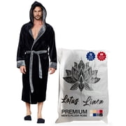 Lotus Linen Plush Hooded Robe for Men - Soft Fleece Bathrobe, Black Grey M/L