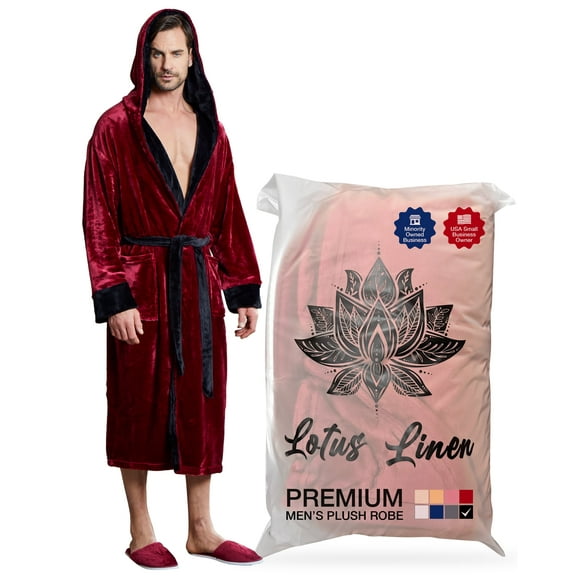 Lotus Linen Plush Hooded Robe for Men - Soft Fleece Bathrobe, Burgundy Black S/M