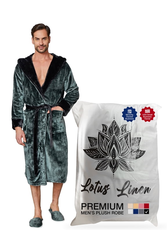 Plush Hooded Robe for Men - Soft Fleece Bathrobe Green Black XL/XXL
