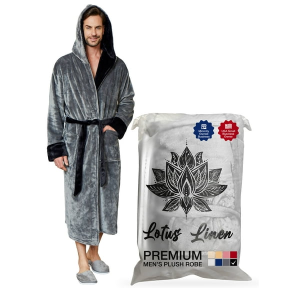 Lotus Linen Plush Hooded Robe for Men - Soft Fleece Bathrobe, Grey Black S/M