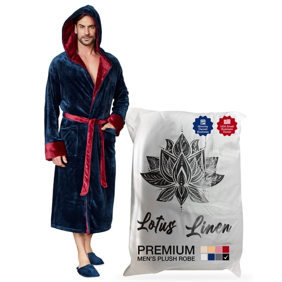 Lotus Linen Plush Hooded Robe for Men - Soft Fleece Bathrobe, Navy Burgundy L/XL