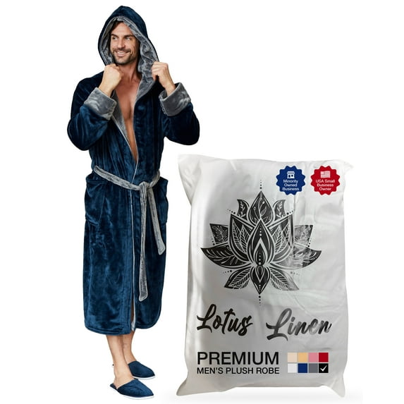 Lotus Linen Plush Hooded Robe for Men - Soft Fleece Bathrobe, Navy Darkgray XL/XXL