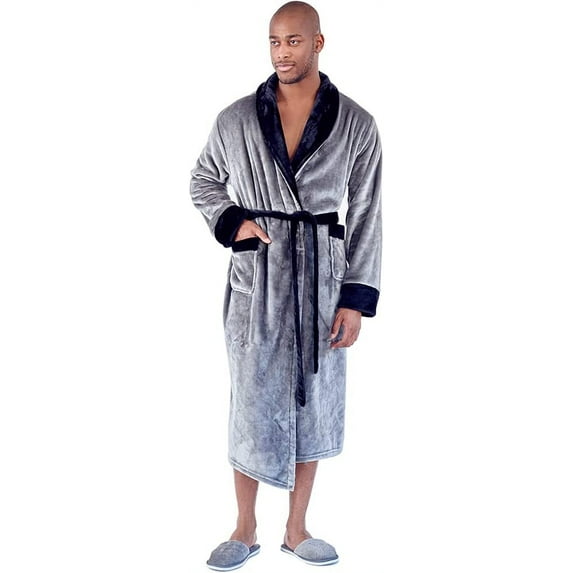 Lotus Linen Shawl Plush Robe for Men - Long Soft Fleece Bathrobe, Gray Black M/L