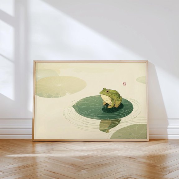 Lotus Listener Wall Art Green Frog Japanese Minimalist Poster 12x18 UNFRAMED