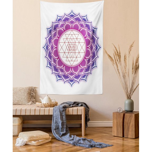 Lotus Mandala Geometry Yantra Wall Tapestry, Triangle Yoga Illustration Hanging Decor, 40" x 60", Fuchsia Purple