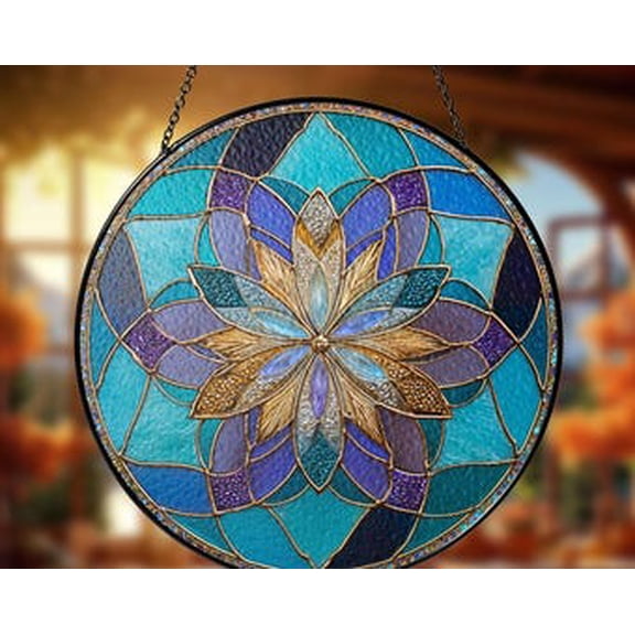 Lotus Mandala Glass Suncatcher Round Window Hanging, 7.9 in