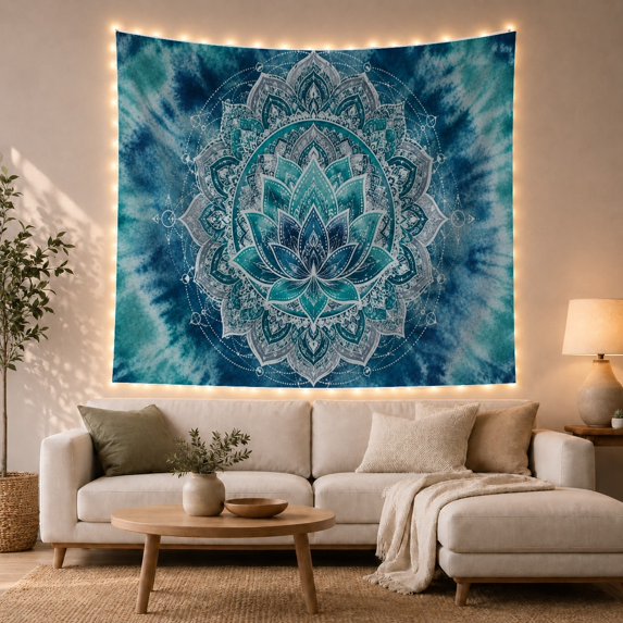 Lotus Mandala Against Marbled Blue Background, Mystical Boho for Meditation Lovers, Decorative Art, Birthday Gift, Tapestry Wall Hanging for Bedroom and Living Room