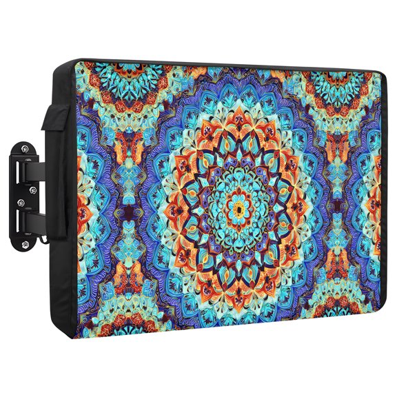 Lotus Mandalas Waterproof Outdoor TV Cover, Teal Bohemian Layered Kaleidoscope Ruffled Edges Art Outside Weatherproof TV Enclosures for 52 to 55 Inch LCD Television Shield Flat Screen Protectors