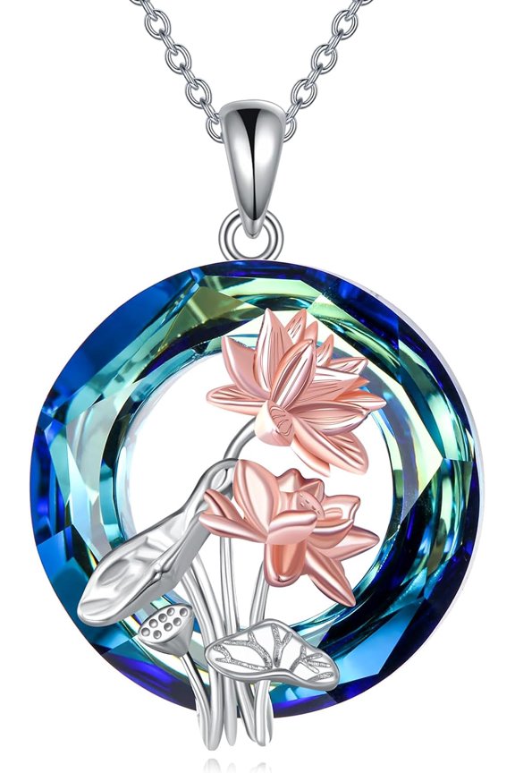 Lotus Necklace 925 Sterling Silver Lotus Flower Pendant Necklace Circle Crystal Jewelry Gifts For Women Friend