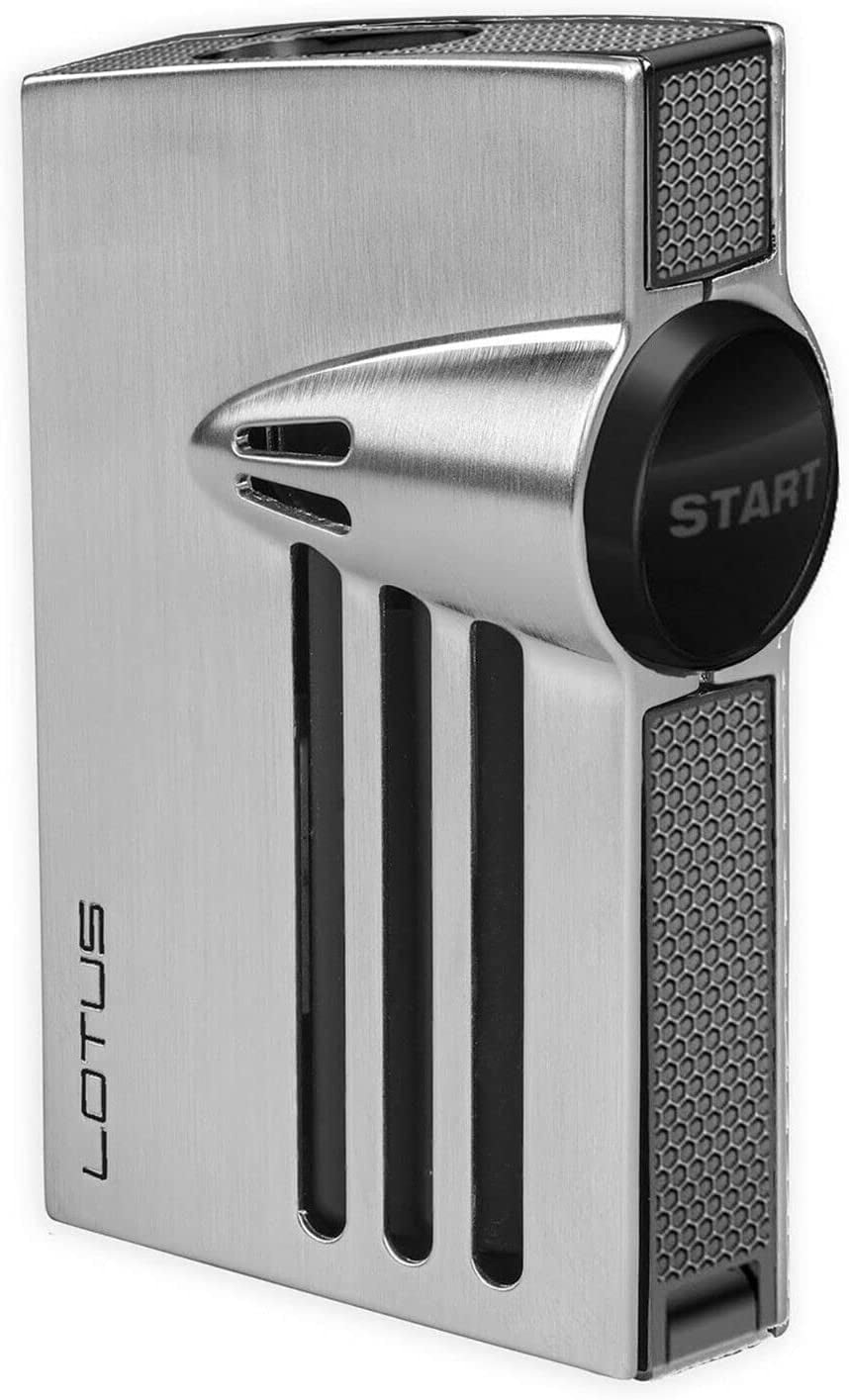 Lotus Orion Cigar Lighter with Double Torch Flames, Single Action Ignition, All Metal Housing, Integrated Cigar Punch