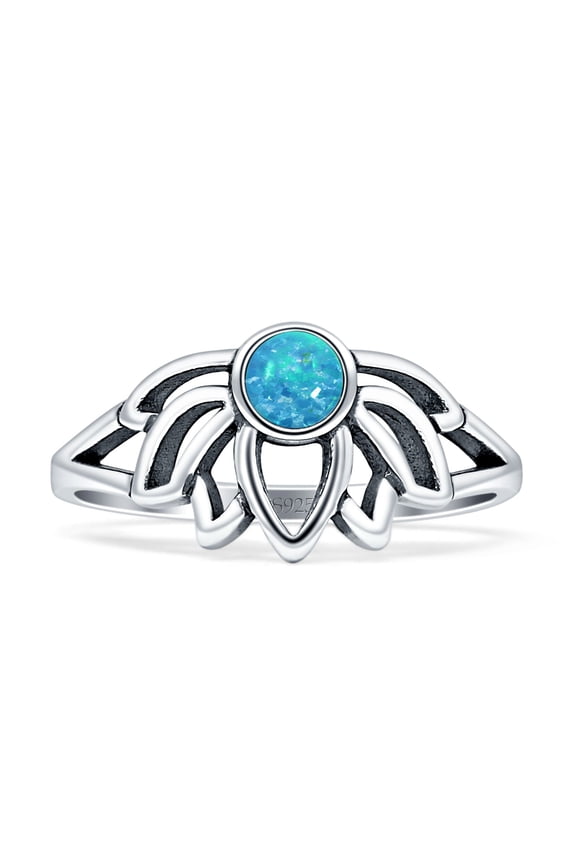 Lotus Oxidized Round Lab Created Blue Opal Ring 925 Sterling Silver Size 9