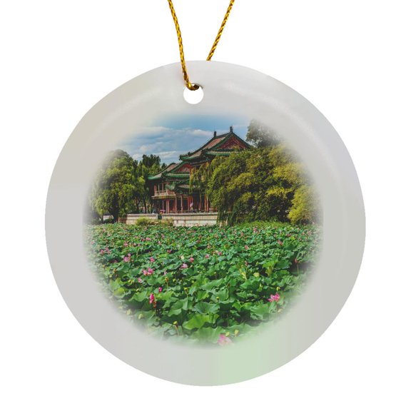 3drose, Lotus Pads in Garden Pond, Red Pavilion, Summer Palace, Beijing, China, Circle Porcelain Ornament