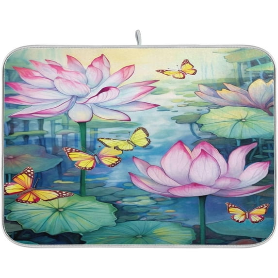 Lotus Painting Dish Drying Mat, Absorbent Microfiber Pad Protector For Kitchen Counter Top Mat Dish Drainboard 16x18in Home Decor